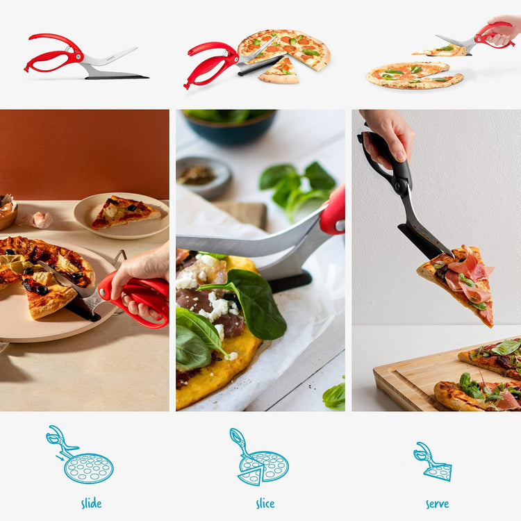 Scizza 2-In-1 Easy Ergonomic Pizza Scissors with Stainless Steel Pizza Cutter Blades & Non-Stick Slice Server - Red