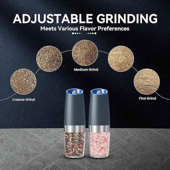 Gravity Electric Salt and Pepper Grinder set of 2, Automatic Salt And Pepper Grinder Set, Adjustable Roughness, Battery Powered, LED Light, 2 Pack, (Grey)