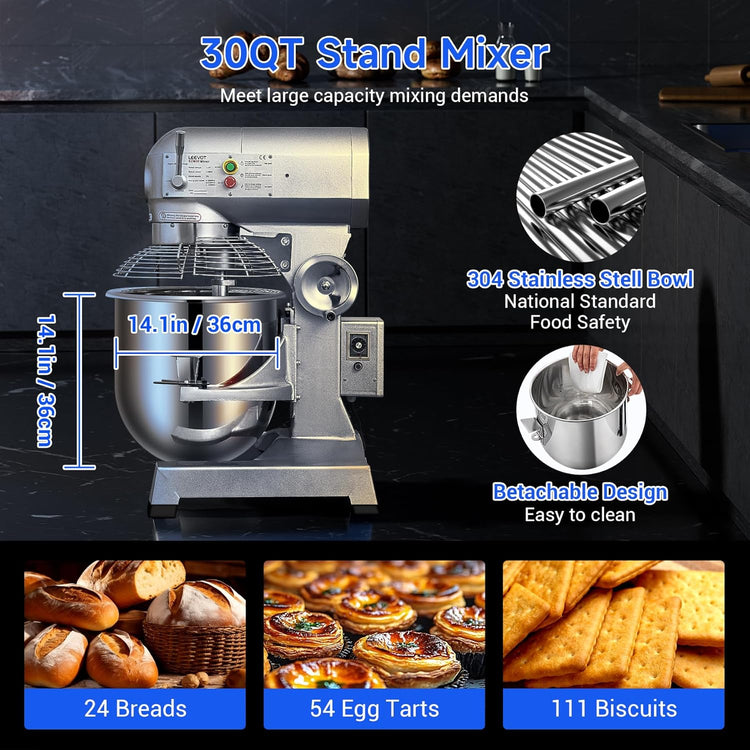 Commercial Food Mixer 30Qt,1250W Commercial mixer 3-Speed Adjustable with Timing Function,Industrial Dough Mixer with Stainless Steel Bowl for Bakery Pizzeria (Upgrade)