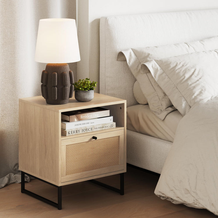 Mina Rattan Wood End Side Accent Table Nightstand with Storage for Living Room or Bedroom