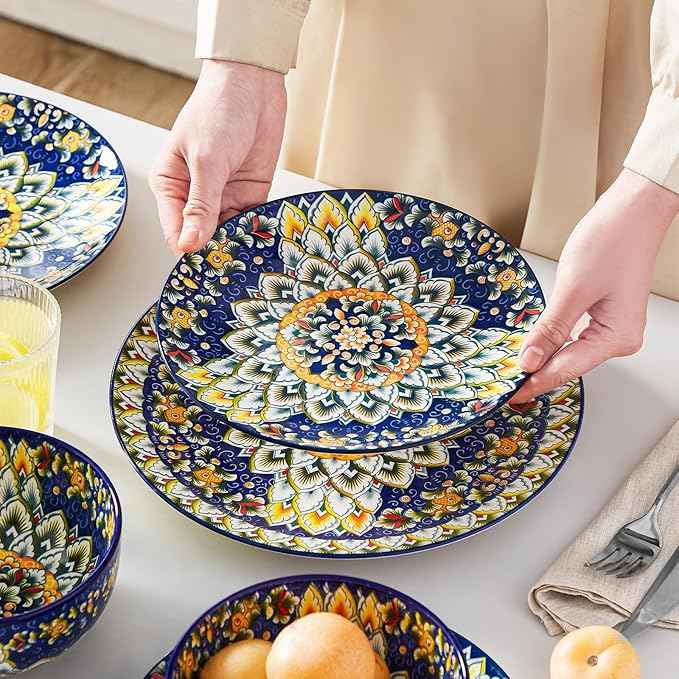 vancasso 12 Pieces Dinnerware Sets, Blue Plates and Bowls Set, Porcelain Dishes Set for 4, Microwave and Dishwasher Safe, Scratch Resistant, Bohemian Style Dining Ware Service for 4, Series SIMI