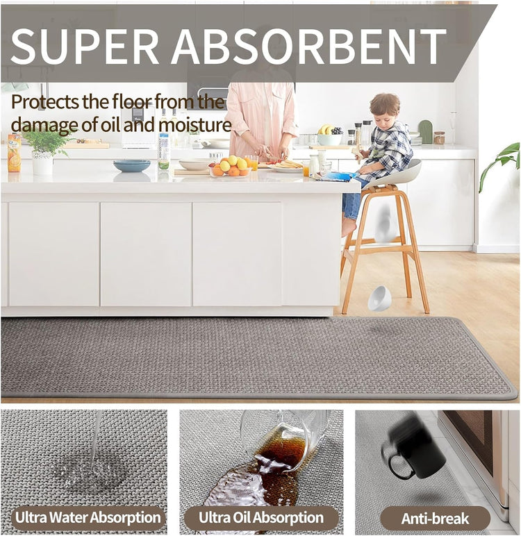 Kitchen Mats for Floor, Super Absorbent Kitchen Rugs Non Slip Washable, Soft Imitation Linen Braided Runner Rug, Standing Mat Kitchen Sink Mat, Easy to Clean, Gray 17x71
