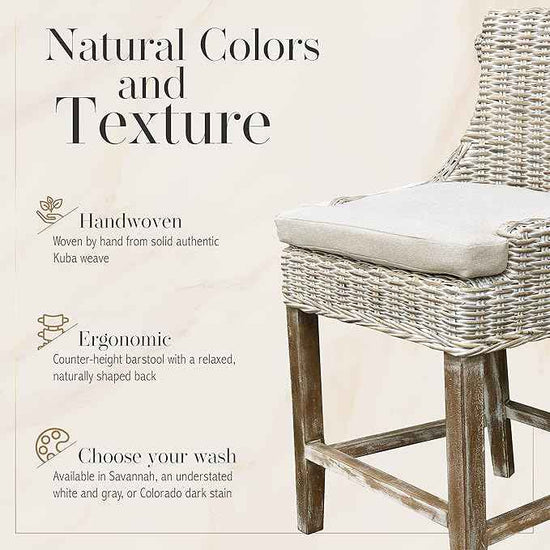 Alfresco Kuba-Weave Counter Stool, Wooden Stool, Kitchen Counter Stool, 23 Inch Seat Height, Off White