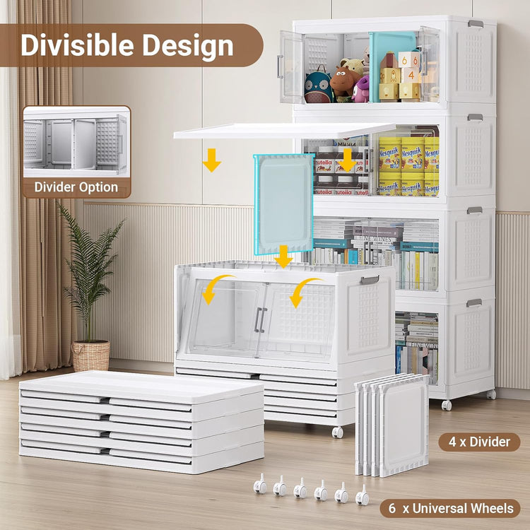52.7"H 150Gal Plastic Storage Bins with Lid & Wheels,3Pack Extra Large Stackable Storage Bins with Dividers,Closet Organizers and Storage Cabinet Shelves Collapsible Box for Home Kitchen,White