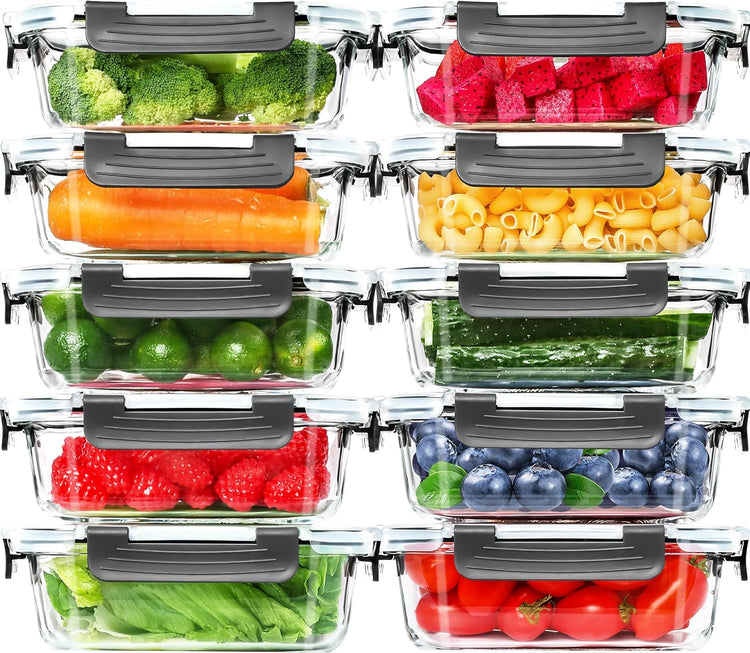 Skroam 10 Pack Glass Meal Prep Containers, 22 OZ Glass Airtight Food Storage Containers with Lids, Pantry Kitchen Storage Containers for Lunch, Food Storage, Meal Prep, Lunch Bento Boxes