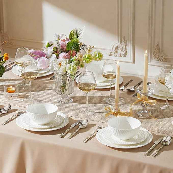 KINGSTONE 12-piece Bone China Dinnerware Set and 20-piece silverware, White Lightweight Porcelain for 4, Plates, Bowls with matching flatware, Microwave and Dishwasher Safe, for Family, Gifting