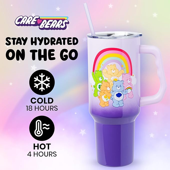 Silver Buffalo Care Bears Rainbow Featuring Funshine, Cheer, Grumpy, Friend, and Good Luck Bear Double Walled Stainless Steel Tumbler with Handle and Straw, Fits in Standard Cup Holder, 40 Ounces