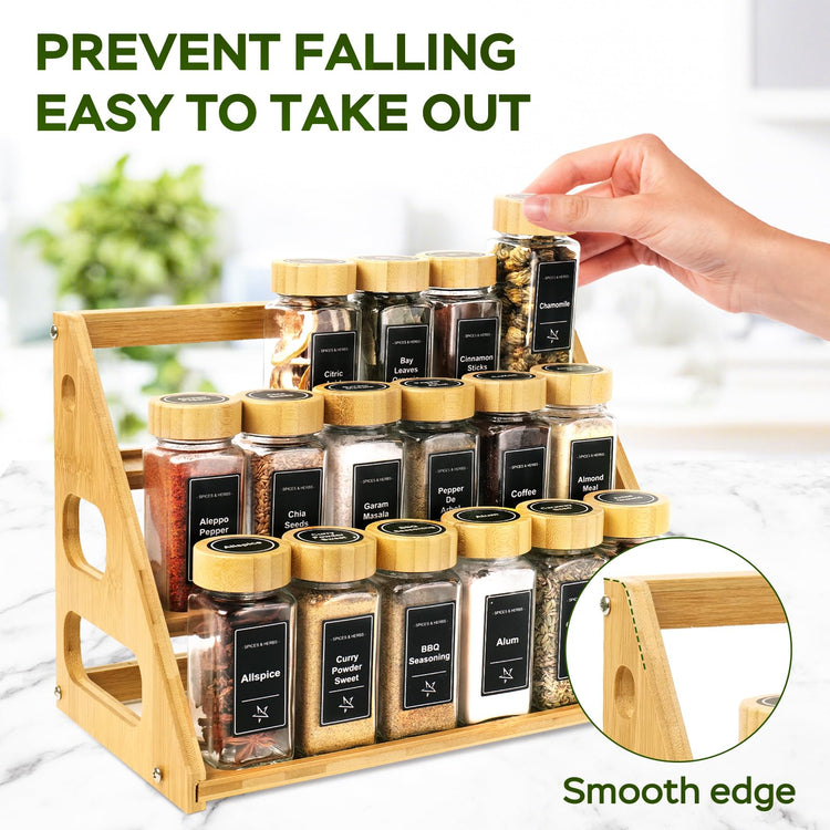 3 Tier Bamboo Spice Rack Organizer with 18 Empty 4 oz Glass Spice Jars