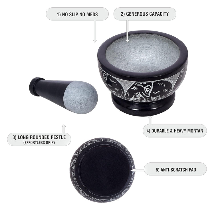 Mortar and Pestle, Made of Heavy Duty Polished Hard Stone, Natural Stone Grinder for Spices, Pastes, Herbs, Seasoning etc. (Elephant)
