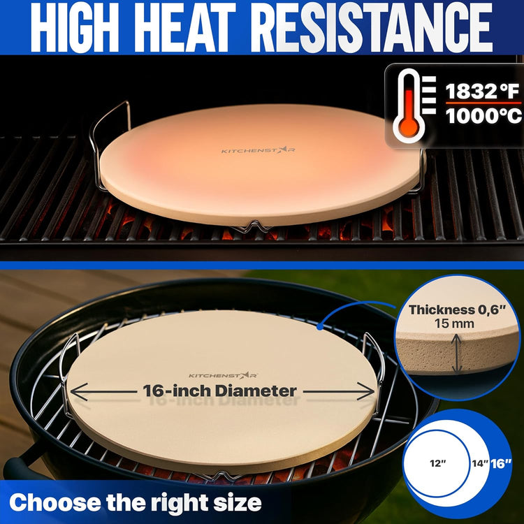 KitchenStar 16-inch Pizza Stone for Oven and BBQ Grill with Handles, Round, 5/8" Thick - Natural Cordierite, 1800 °F Resistant, Baking Stone Set with Stainless Steel Rack & Plastic Scraper Tool
