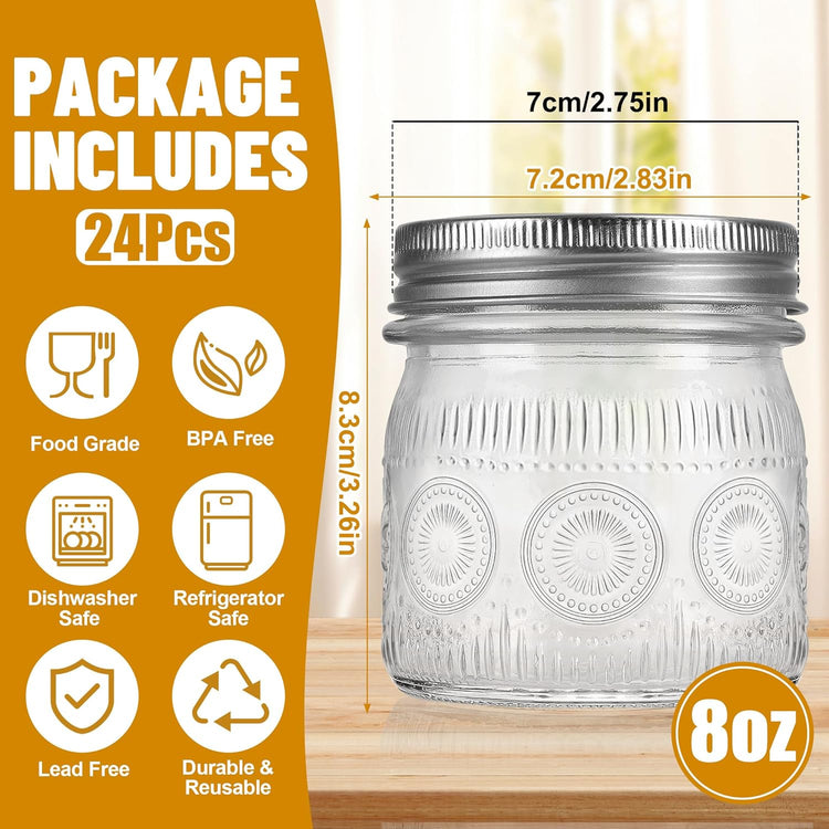 8 oz Mason Jars with Regular Airtight Lids - 24 Pack Small Mason Jars for Jam, Honey, Baby Foods, Overnight Oats, Spices, Herbs, Salads, Candles, Dessert, Party Favors, Half Pint Size Canning Jar