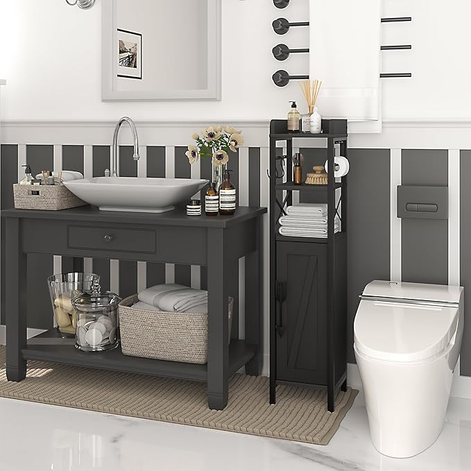 VECELO Small Bathroom Cabinet,Slim Toilet Paper Holder with Door&2 Shelves, Upgraded Narrow Storage Organizer for Restroom Bathroom Tiny Space,Metal Scroll Fenced Top Waterproof Coating,Black