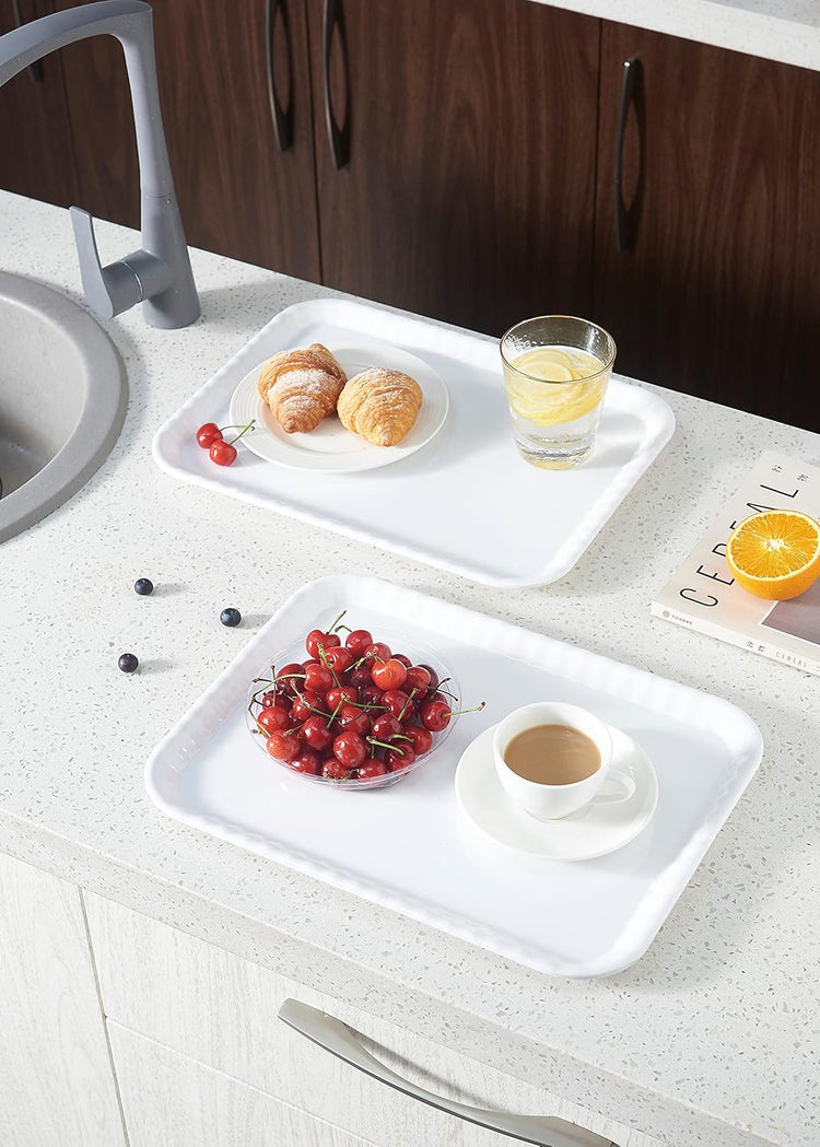 Blue Boat 15" x 11" Rectangular Serving Trays Set of 2 White, Melamine Serving Platter, Light Weight Easy to Clean Sturdy Stackable BPA-Free Dishwasher Safe
