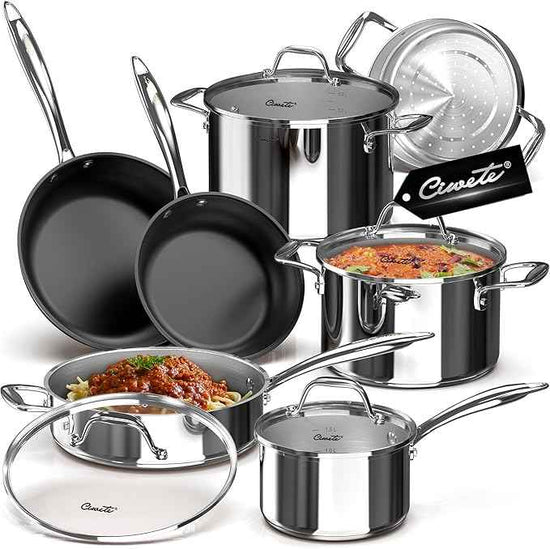 11-Piece Stainless Steel Pots and Pans Set Non Stick, Tri-Ply Stainless Steel Cookware Set, Induction Kitchen Cookware Sets with Steamer Insert & Stay-Cool Handles, Dishwasher, Oven Safe