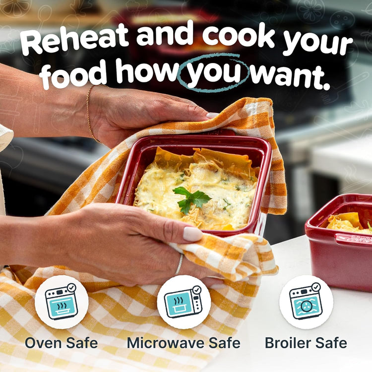 Souper Cubes Stoneware - 5" x 5" Baking Dishes for Oven with Silicone Covers, Premium Mini Ceramic Baking Dishes, Perfect for Reheating Individual Portions in Oven or Microwave, Set of 2 - Cranberry