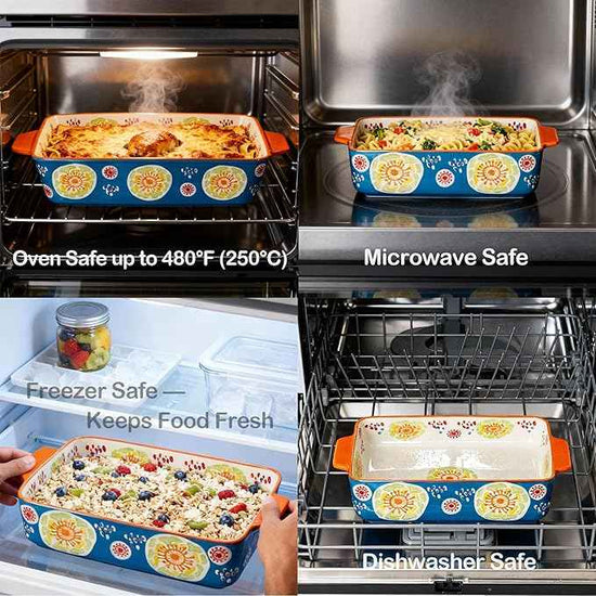 Ceramic Baking Dish Set, 2-Piece Stoneware Bakeware with Handles, 3QT & 1.2QT Casserole Dishes for Oven to Table, Microwave Dishwasher Safe, Lead-Free, Hand-Painted Bakeware -Ocean Blue