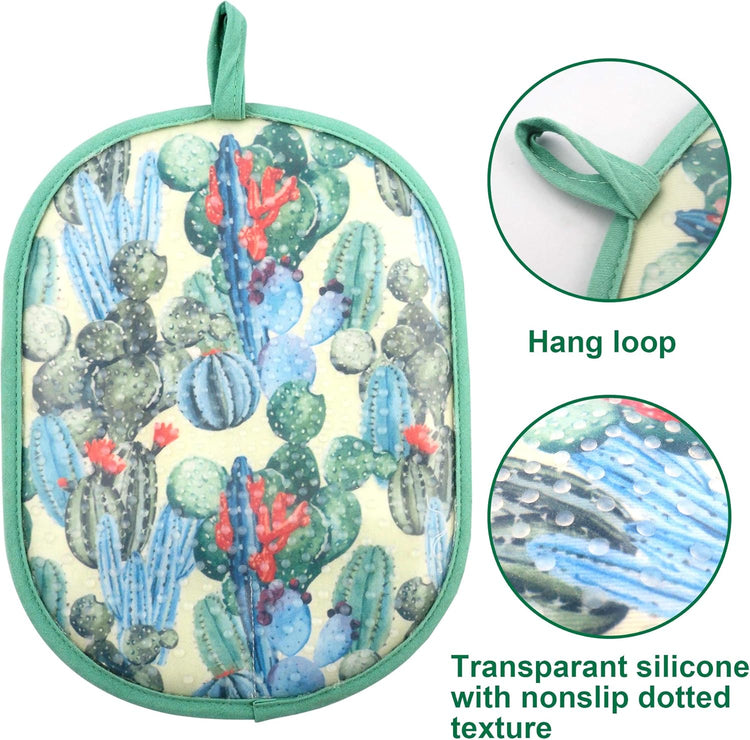 Pot Holders Set of 2 with Transparent Clear Silicone Shell and Nice Cactus Flower Cotton Lining, Heat Resistant to 500 F Kitchen Oven Gloves Pot Holder for Cooking (Cactus Flower, Potholders)