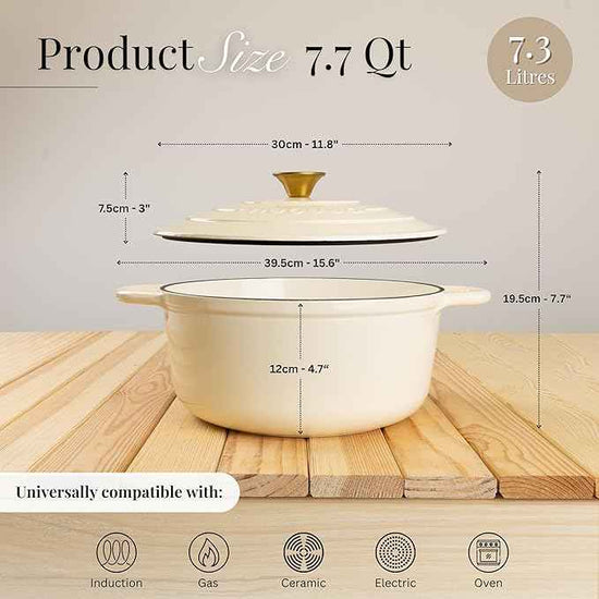 Nuovva Enamelled Cast Iron Dutch Oven Pot with Lid 7.3 Quart Non Stick Casserole Pot – Heavy Duty & Oven Safe up to 500° F for Bread Baking, Braising, Stews, Roasting – 30cm Cream