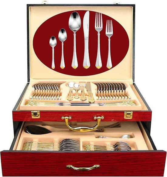 75-Pc Luxury Flatware Set for 12 w/Storage Case 24K Gold Premium Dining Cutlery Service - 18/10 Surgical Stainless Steel Silverware Hostess Serving Set in a Chest