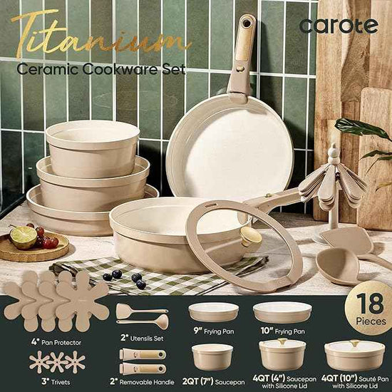 CAROTE 18 Pcs Ceramic Cookware Set Titanium Nonstick with Detachable Handles, Non Toxic Cookware, Pots and Pans Set Non Stick Removable Handles, Induction Available, Kitchen Cooking, Dishwasher Safe