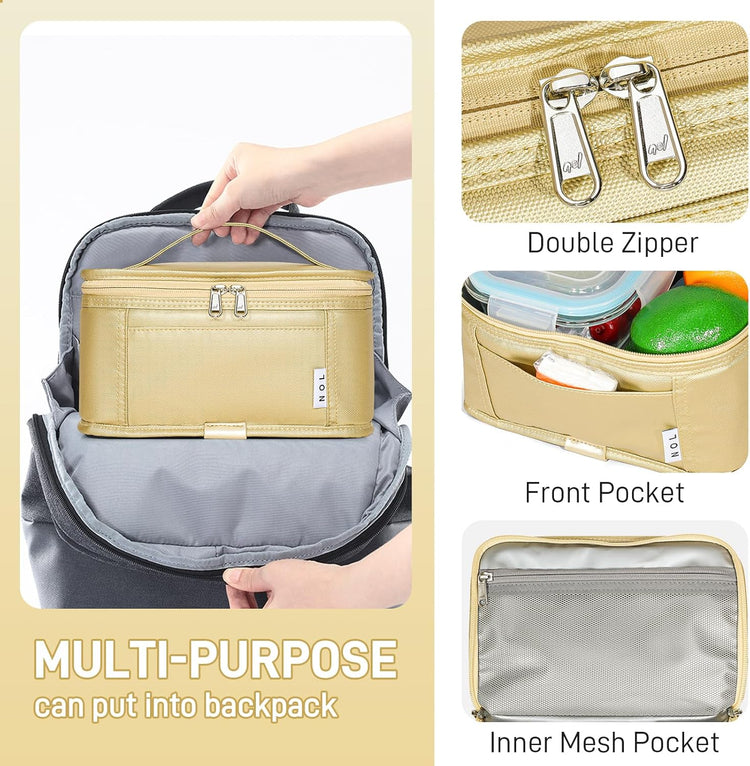 NOL Natural Organic Lifestyle Small Lunch Bag Mini Lunch Box Insulated Lunch Bag for Men/Women Leakproof Cooler Tote Bag Lightweight Nylon Waterproof Lunch Box For Work,Gold
