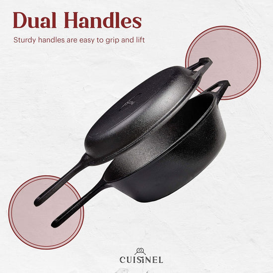 Cuisinel Cast Iron Skillet + Lid - 2-In-1 Multi Cooker - Deep Pot + Frying Pan - 3-Qt Dutch Oven - Pre-Seasoned Oven Cookware - Works for Bread, Indoor/Outdoor, Grill, Stovetop and Induction - Nestoria