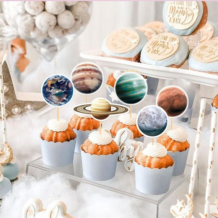40Pcs Space Cupcake Toppers Astronaut Cupcake Picks Solar System Galaxy Universe Planet Food Picks for Outer Space Baby Shower Boys Girls Birthday Party Cake Cupcake Decorations (40 Count)
