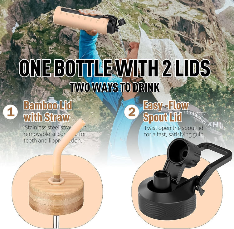 32oz Glass Water Bottle with Straw and 2 Lids- Bamboo Straw and Spout Lid with Phone Holder for Gym, Glass Drinking Bottles with Silicone Sleeve and Motivational Time Marker, Amber