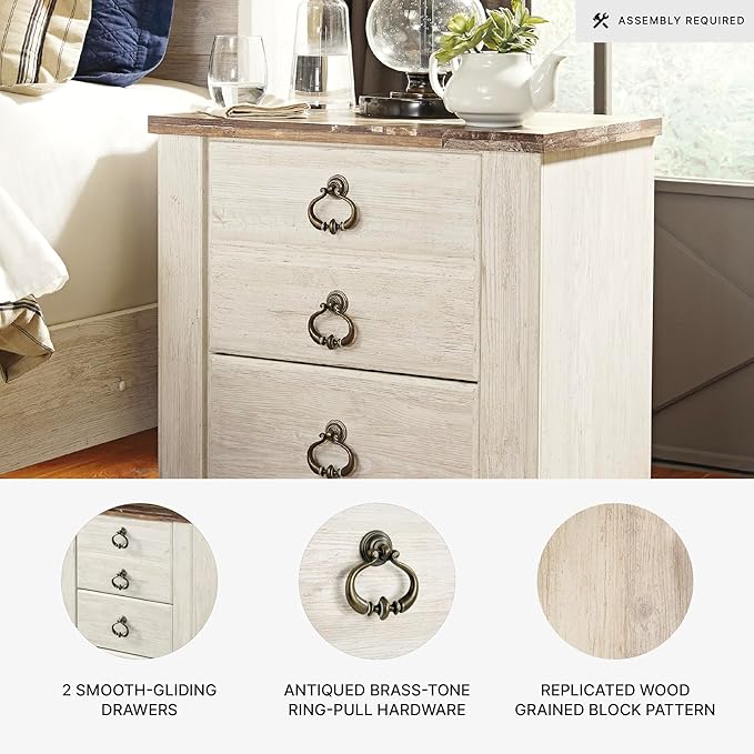 Signature Design by Ashley Willowton Farmhouse 2 Drawer Nightstand with USB Charging Ports, 25.67" Tall, Whitewash