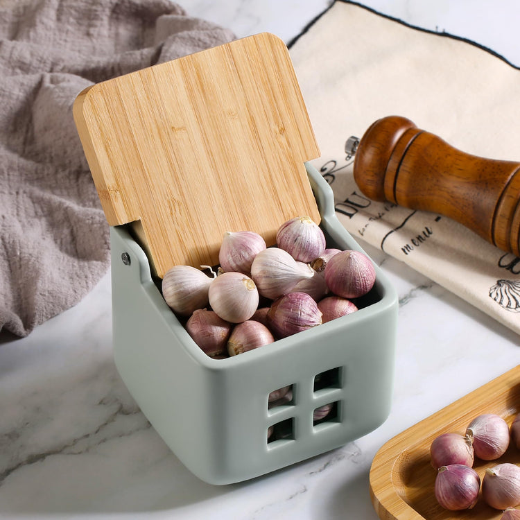 Ceramic Garlic Keeper with Bamboo Lid