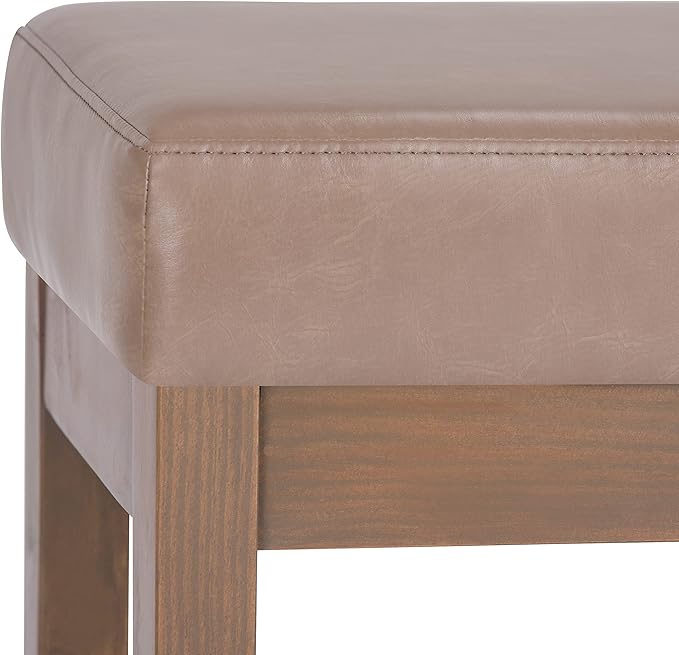 SIMPLIHOME Milltown Small Ottoman Bench - 27 inch Wide Upholstered Vegan Leather Rectangle Footstool Ottoman in Ash Blonde, Contemporary Bench for Bedroom or Living Room with Cushioned Seat, Assembled