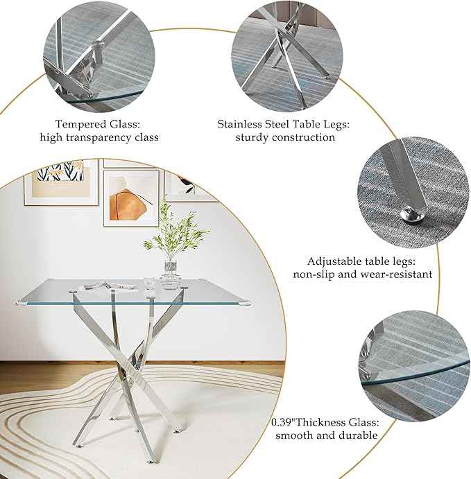 AF ARTISAN FURNITURE 5 Piece Square Glass Dining Table Set, Silver Glass Kitchen Table Set for 4 Modern Table Set with 4 Grey PU Upholstered Dining Chairs, for Small Space, Breakfast Nook