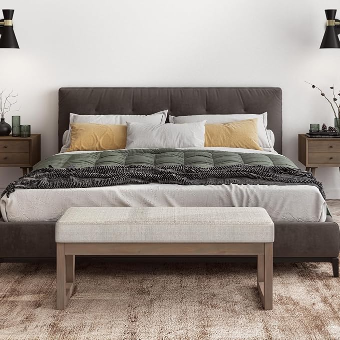 SIMPLIHOME Milltown Large Ottoman Bench - 44 inch Wide Upholstered Tweed Look Fabric Rectangle Footstool Ottoman in Platinum, Contemporary Bench for Bedroom or Entryway with Cushioned Seat, Assembled