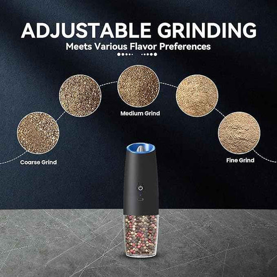 Rechargeable Electric Salt and Pepper Grinder, gravity electric salt and pepper grinder, Adjustable Roughness, LED Light, 1 Pack, (Black)