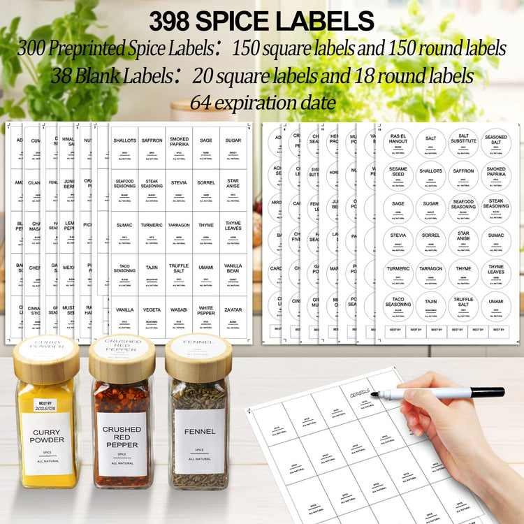 Glass Spice Jars with Bamboo Lid & 398 Label for Cabinet & Drawer Organizer