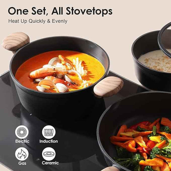SENSARTE Nonstick Pots and Pans Set 17pcs, Healthy Induction Cookware Set, Kitchen Cooking Set with Skillets & Saucepans, Stay-cool Handles, Dishwasher Safe, PFOA PFOS Free, Matte Black