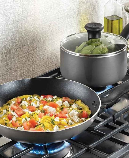 T-fal Initiatives Nonstick Cookware Set 18 Piece, Oven Broiler Safe 350F, Kitchen Cooking Set w/Fry Pans, Saucepans, Stockpots, Skillet, Spoons, Lids Pots and Pans Set, Dishwasher Safe, Stone Grey