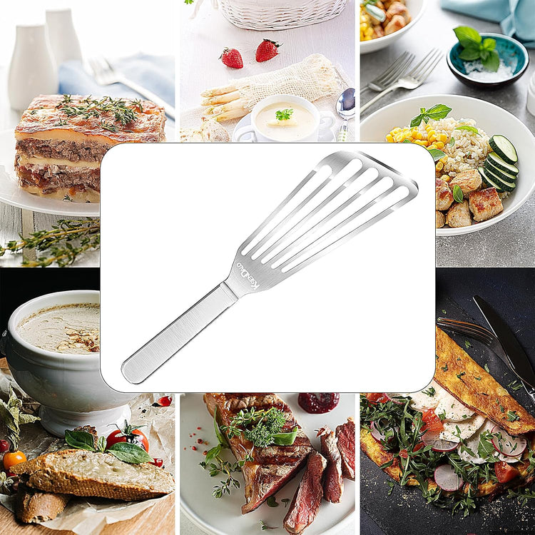 KSENDALO Fish Spatula Stainless Steel, Egg Flipper Spatula with Thin Flexible Slotted and Angled Blade for Kitchen Cooking, Grill, Camping, Essential Metal Spatulas,Silver Kitchen Utensils Set