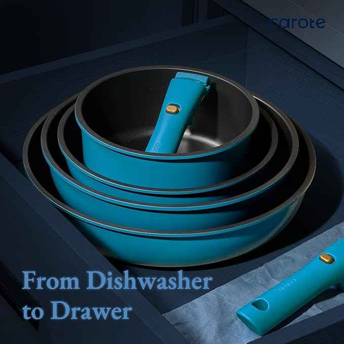CAROTE 21pcs Pots and Pans Set, Nonstick Cookware Set Detachable Handle, Induction Kitchen Cookware Sets Non Stick with Removable Handle, RV Cookware Set, Peacock Blue