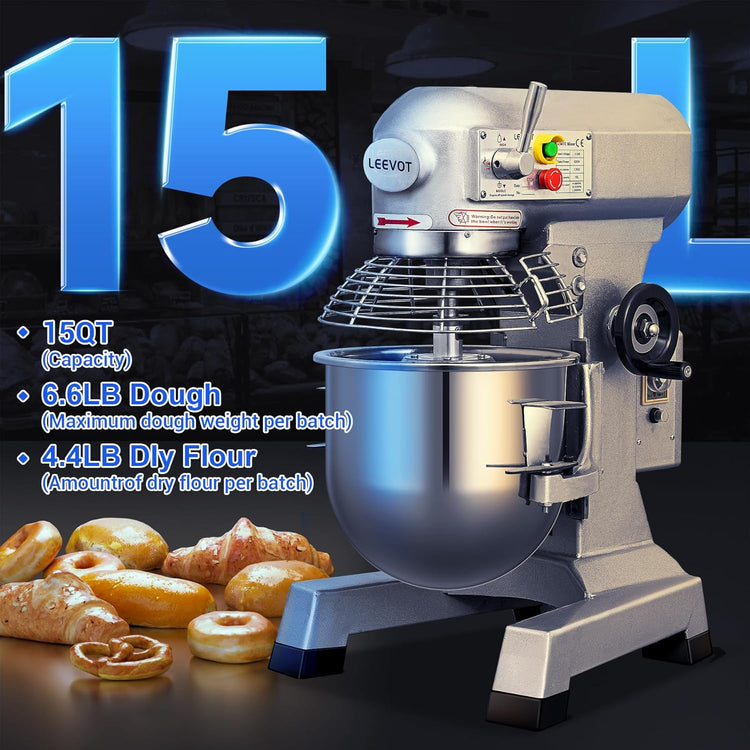 Commercial Food Mixer 15Qt,600W Commercial mixer 3-Speed Adjustable with Timing Function, Industrial Dough Mixer with Stainless Steel Bowl for Bakery Pizzeria (Upgrade)