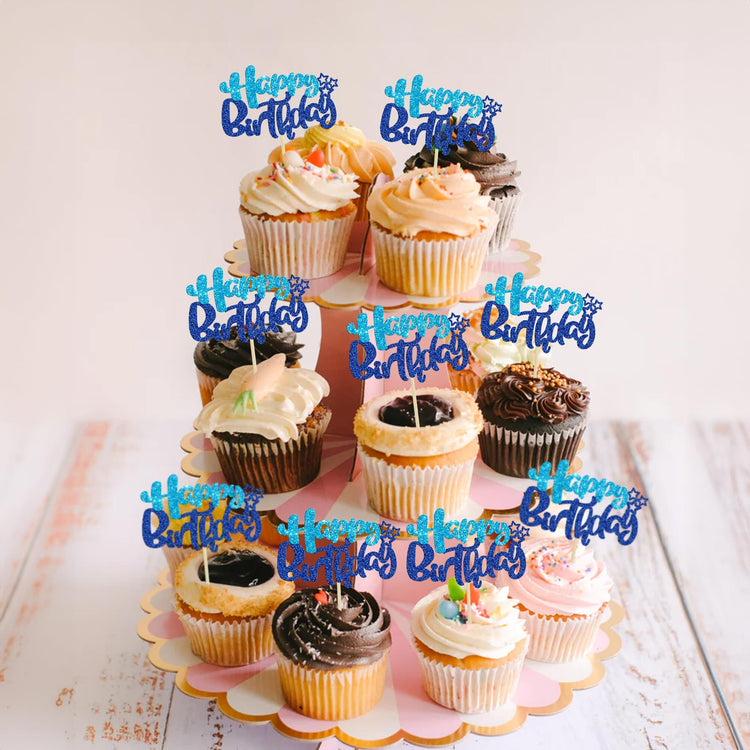 24Pcs Happy Birthday Cupcake Toppers Double Layer Glitter Happy Birthday Cake Decorations for Baby Shower Theme Kids Boys Girls Birthday Anniversary Party Decorations Supplies Blue (24 Count)