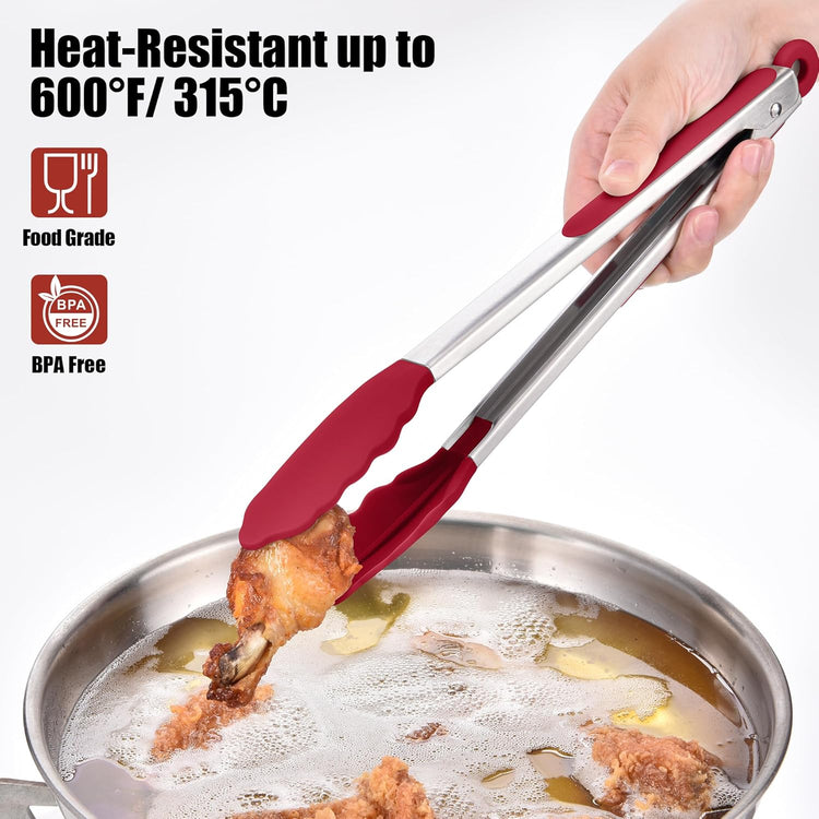 Doosu Kitchen Tongs for Cooking - 600°F Heat Resistant Food Tong Set with Non-Scratch Silicone Tips, Heavy Duty Stainless Steel Locking Tong for BBQ, Grilling Steak, Serving Salad (7+9+12in, Red)