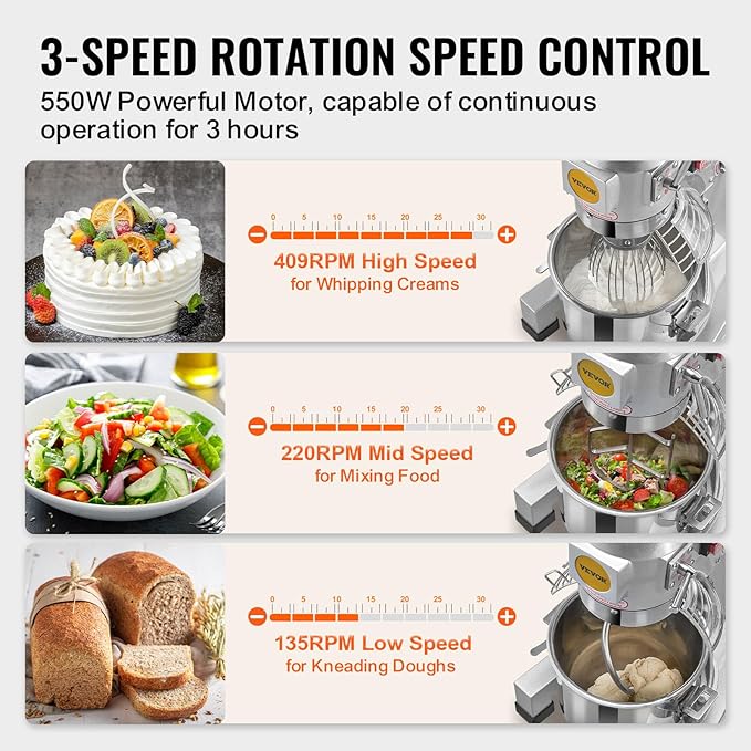 VEVOR Commercial Food Mixer 10Qt, Commercial Mixer with 3 Adjustable Speeds, 550W Dough Mixer,Commercial Stand Mixer with Stainless Steel Bowl