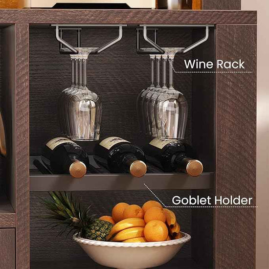 Itaar 73" Tall Arched Bakers Rack with Power Outlet and LED Light, Farmhouse Coffee Bar Cabinet, Kitchen Microwave Stand with Storage for Kitchen, Dining Room, Living Room, Brown