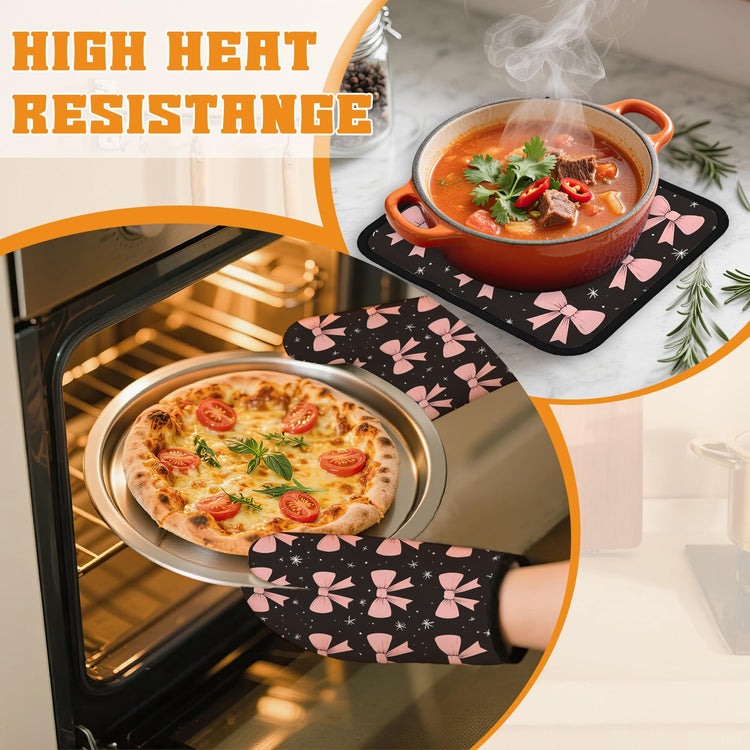 Cute Pink Bow Oven Mitts and Pot Holders (4 Count)