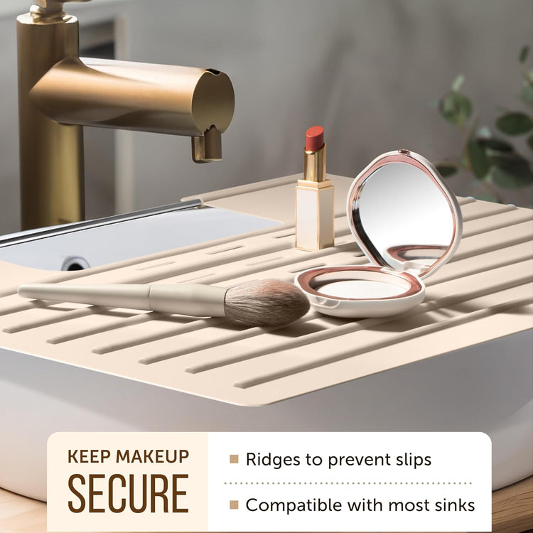 Maplefield Bathroom Sink Mat Cover - Small Beige Silicone - Heat Resistant up to 400°F - Foldable Oval Sink Cover & Makeup Mat with Raised Ridges