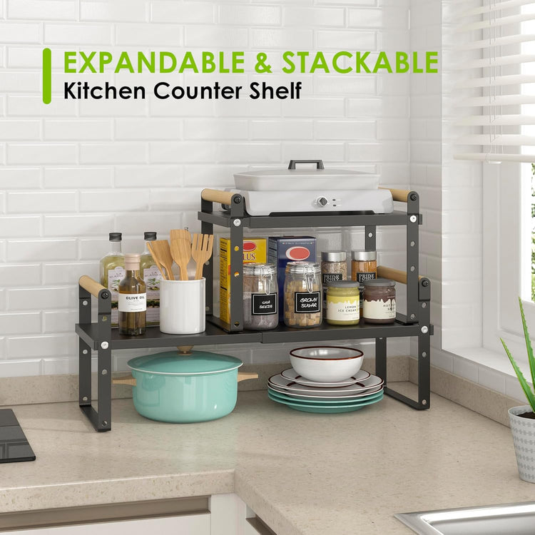 DOLALIKE Expandable kitchen Countertop Organizer, Stackable Cabinet Shelf Organizers, Space Saving Spice Rack Pantry Storage for Bathroom Office Organization (6.9'D*13-19.7''W*15.7''H, Black)