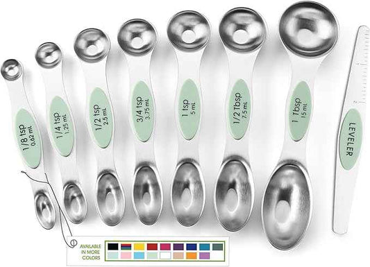 Spring Chef Stainless Steel Magnetic Measuring Spoons Set of 8 with Leveler, Dual Sided Teaspoon & Tablespoon Set, Nesting Metal Kitchen Gadgets for Baking & Cooking, Fits in Spice Jars - Pistachio