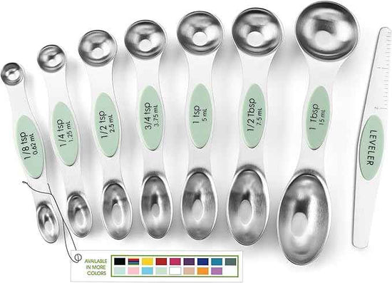 Spring Chef Stainless Steel Magnetic Measuring Spoons Set of 8 with Leveler, Dual Sided Teaspoon & Tablespoon Set, Nesting Metal Kitchen Gadgets for Baking & Cooking, Fits in Spice Jars - Pistachio
