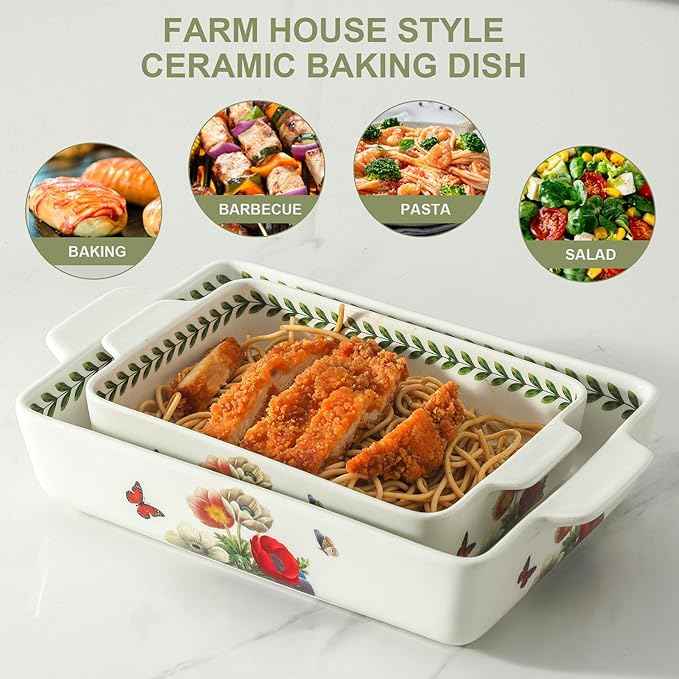 Ceramic Papaver rhoeas Baking Casserole Dish with Handles, Large 2 pieces 8x13 inch & 6x10 inch Lasagna Baking Dish and Middle Flower Andplant Baking Pan,Porcelain Serving Bakeware Set